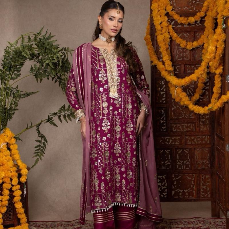 Plum and Mauve Heavily Embroidered Chiffon Three Piece Suit with Cutdana Neckline Handwork Bunch